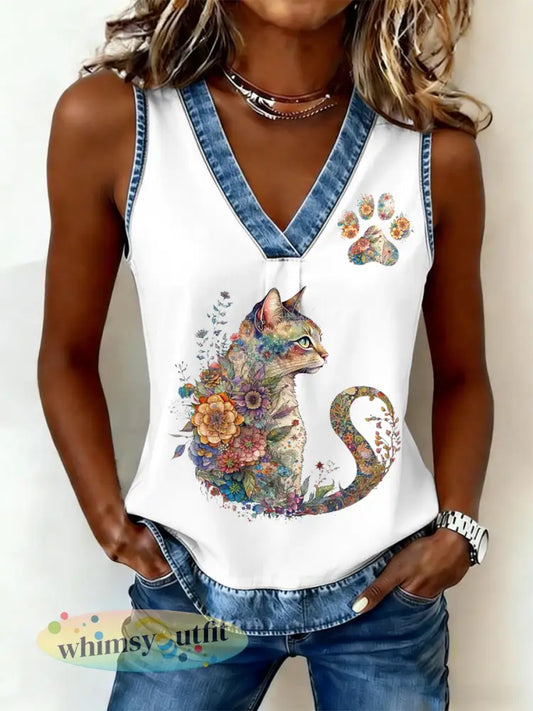 Dames vest met kat en bloemenprint - Wit / S