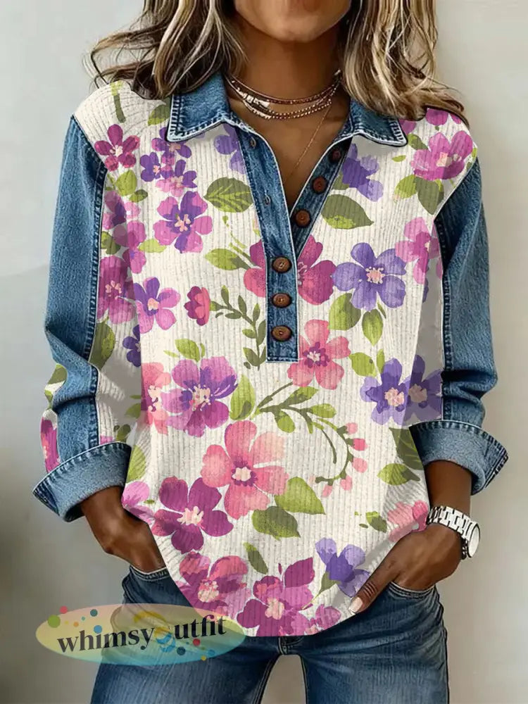 Dames vintage bloemen patchwork print casual sweatshirt - als foto / S