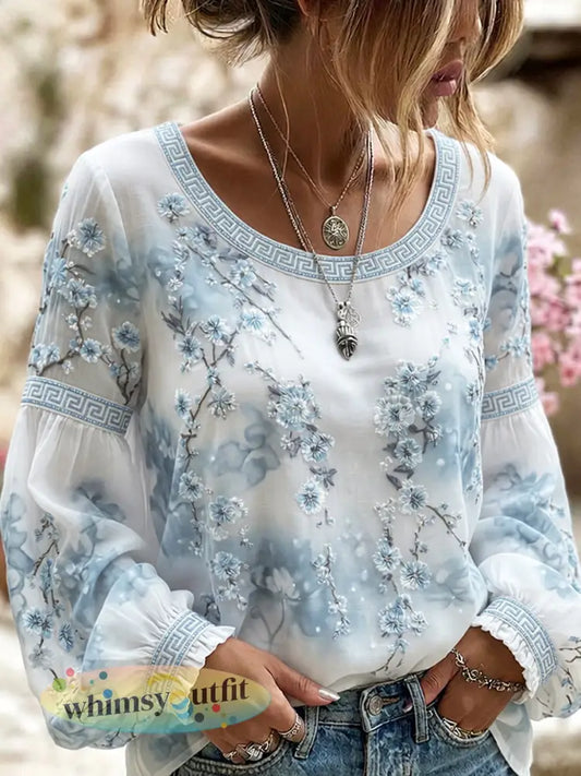 Dames vintage bloemenkunstprint casual katoen-linnen top - A / S
