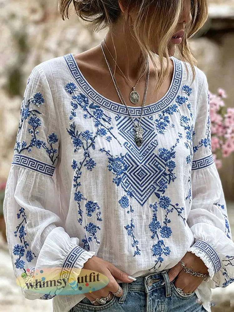 Dames vintage bloemenkunstprint casual katoen-linnen top - A / S