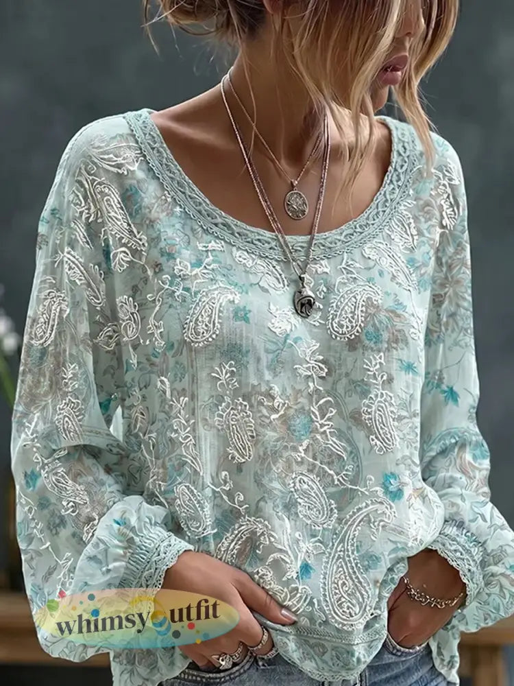 Dames vintage bloemenkunstprint casual katoen-linnen top - A / S
