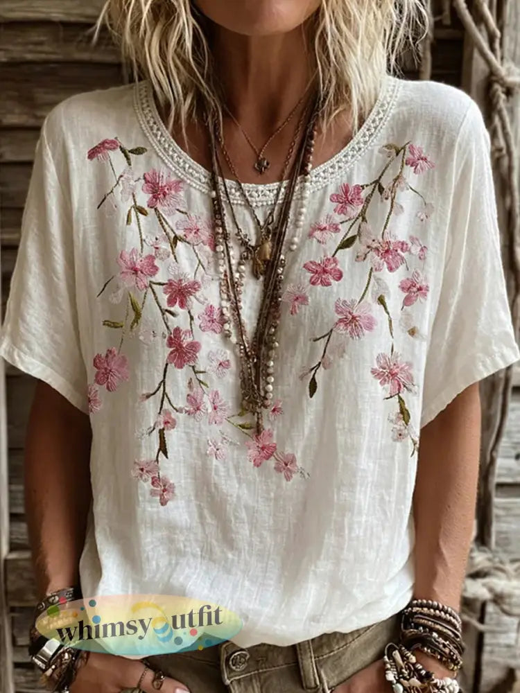 Dames vintage bloemenkunstprint casual katoen-linnen top - A / S