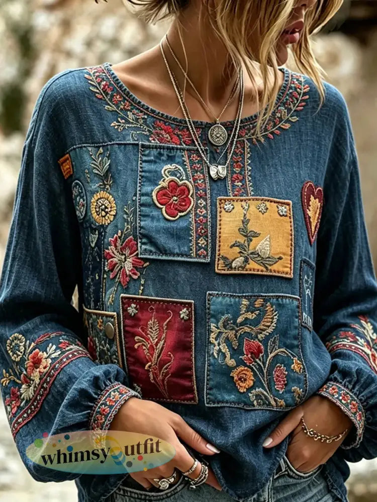 Dames vintage bloemenkunstprint casual katoen-linnen top - A / S