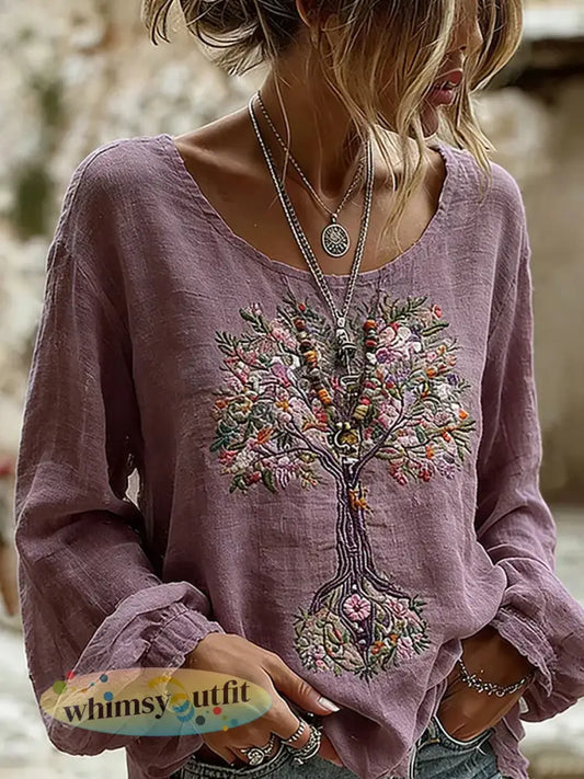 Dames vintage bloemenkunstprint casual katoen-linnen top - A / S