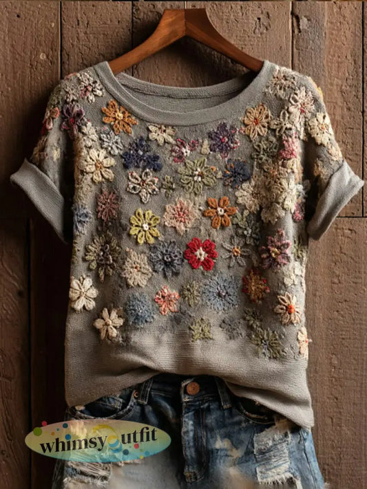 Dames vintage bloemenkunstprint casual T-shirt met korte mouwen - als foto / S