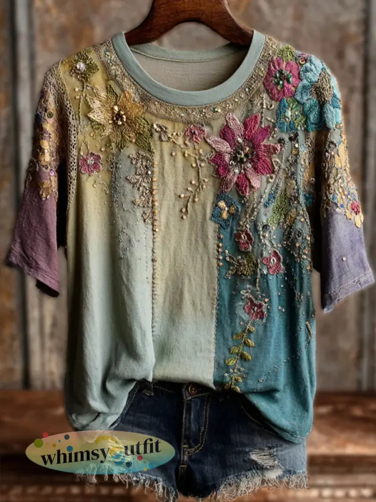 Dames vintage bloemenprint casual T-shirt met korte mouwen - als foto / S