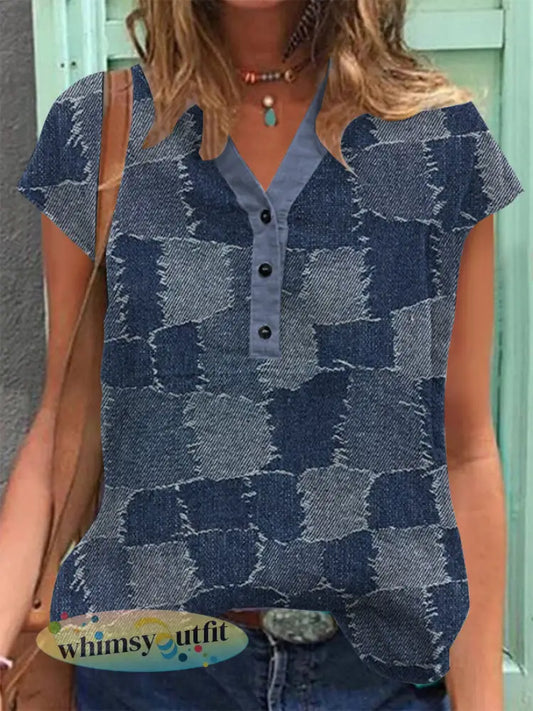 Dames vintage denim patch katoen linnen casual shirt met korte mouwen - als foto / S