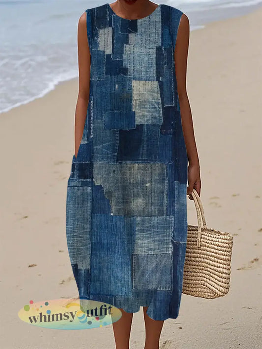 Dames vintage denim patchwork katoen linnen casual mouwloze jurk - als foto / S