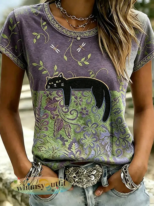 Dames vintage dierenkunstprint casual t-shirt - A / S