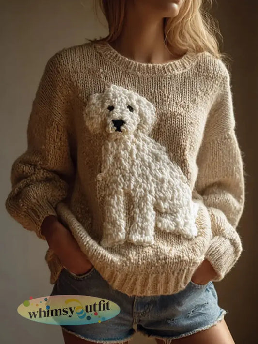 Dames Vintage Fuzzy Dog Vilt Gezellige gebreide trui - als foto / S
