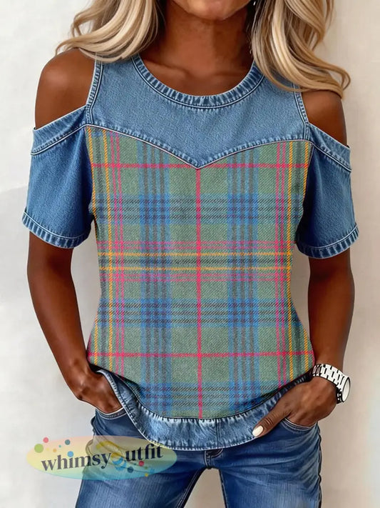 Dames vintage geruit denim patchwork top - als foto / S
