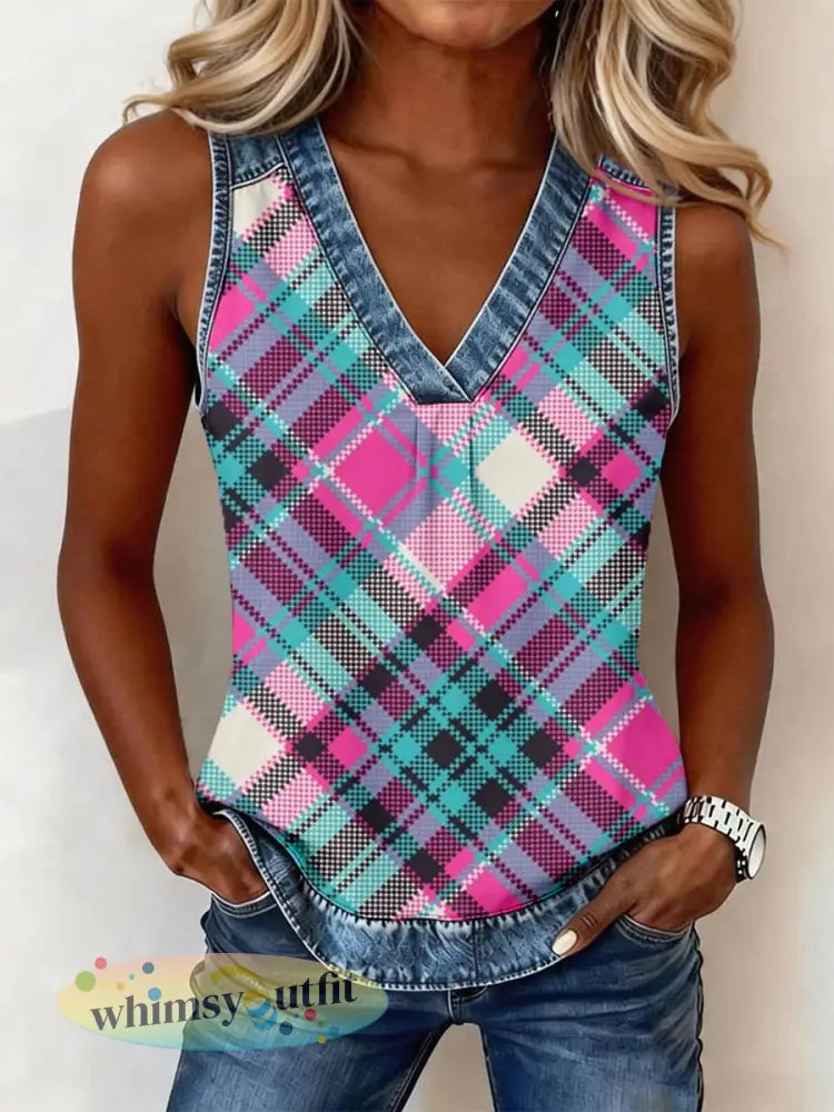 Dames vintage geruit denim patchwork top met V-hals - als foto / S