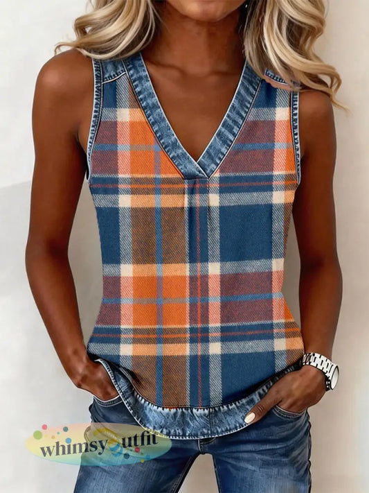 Dames vintage geruit denim patchwork top met V-hals - als foto / S