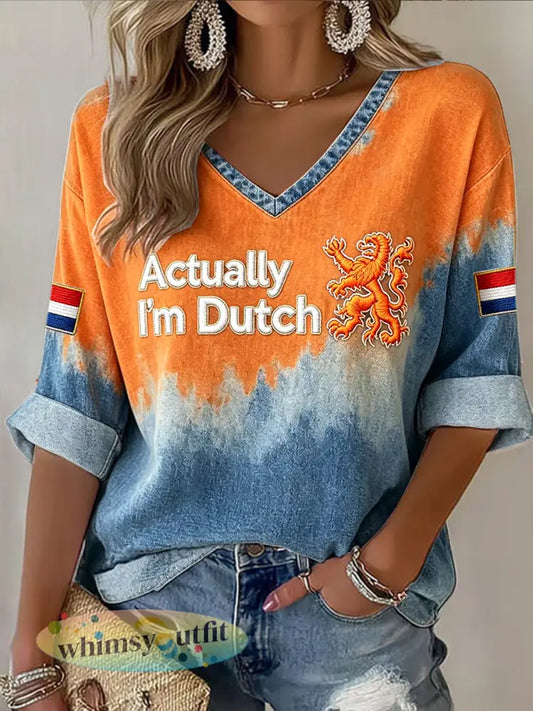 Dames Vintage Gradiënt Hollandse Stijl Denim Print Mode V-hals T-shirt - Sinaasappel / S