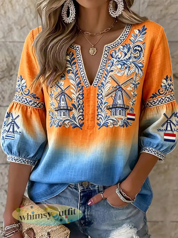Dames vintage gradiënt Nederlandse windmolenprint casual katoen-linnen V-hals top - Veelkleurig / S