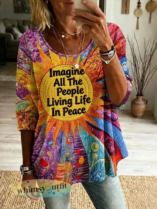 Dames Vintage Hippie Peace Patchwork Print Linnen T-shirt - als foto / S