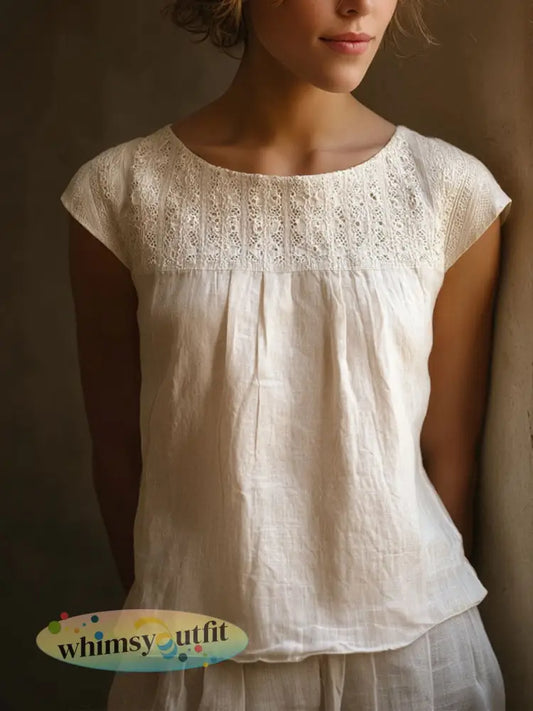 Dames vintage kanten linnen shirt met patchwork - Wit / S