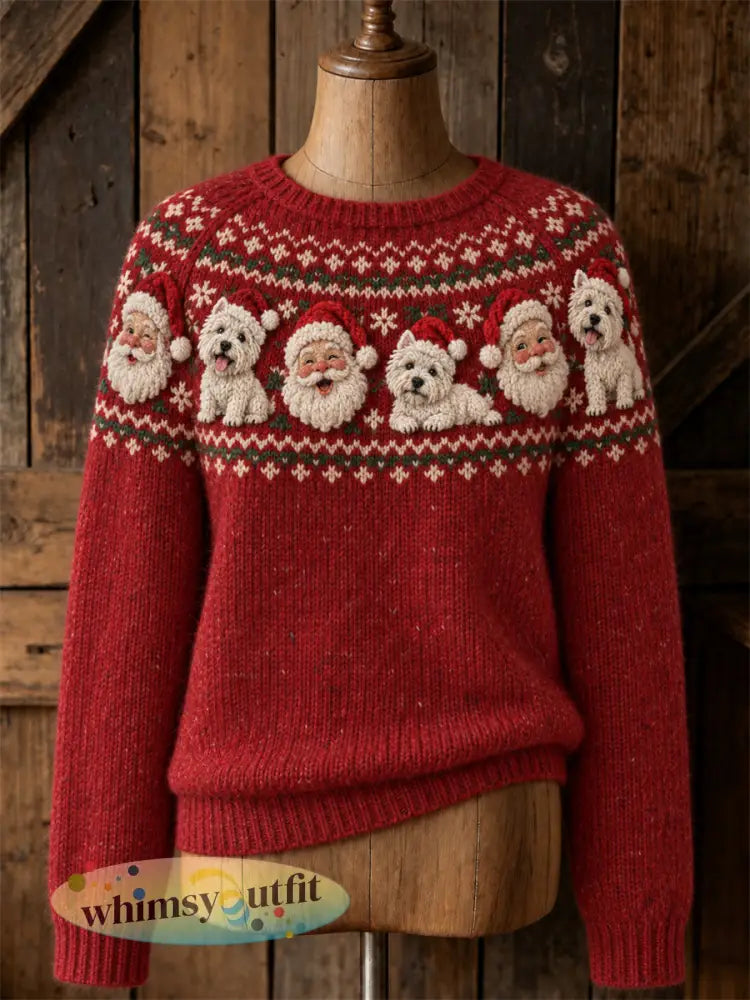 Dames Vintage Kerstman & West Highland White Terrier Honden Yoke Isle Print ronde hals trui - Rood / S