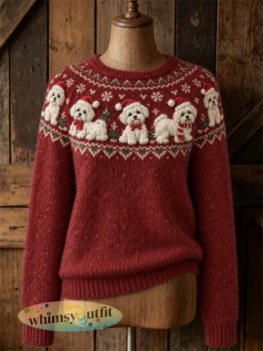 Dames vintage kersttrui met Maltezerhondjes en Yoke Isle-print ronde hals - Rood / S