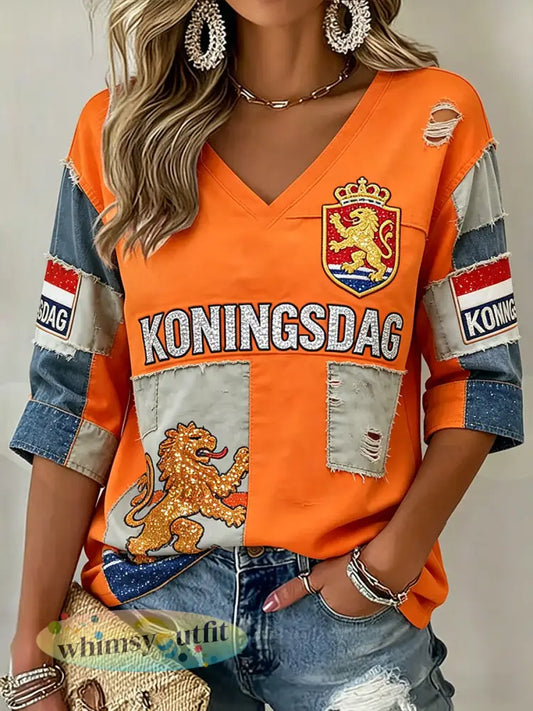 Dames vintage Koningsdag-kunstprint casual katoen-linnen top - A / S