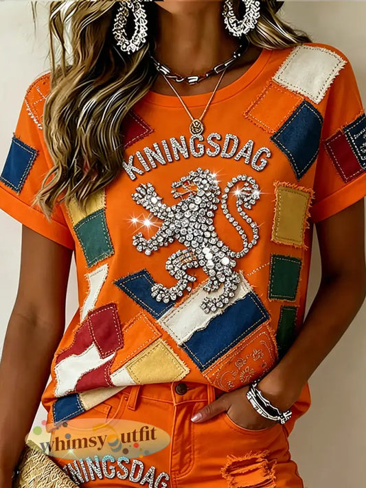 Dames vintage Koningsdag-kunstprint casual katoen-linnen top - A / S