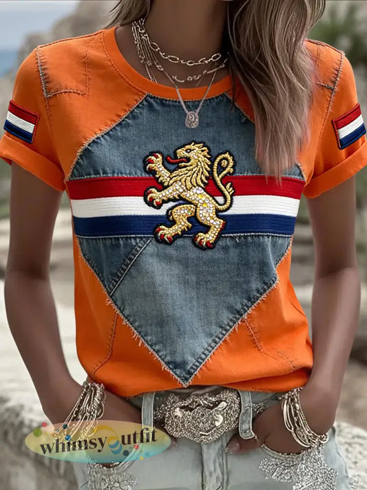 Dames vintage Koningsdag patchwork casual T-shirt - Sinaasappel / S
