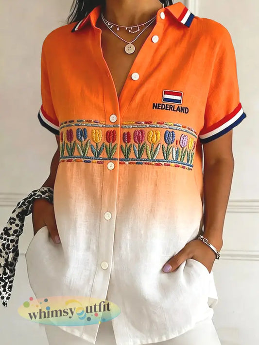 Dames vintage koningsdag tulp katoen-linnen blouse - Sinaasappel / S