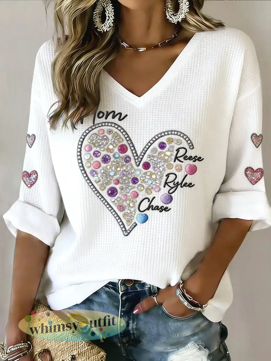 Dames Vintage Moederdag Hartprint Casual Waffle-Weave Top - Wit / S