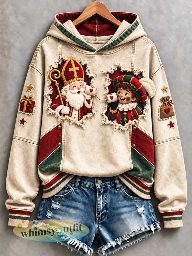Dames vintage Nederlands Sinterklaasfeest patchworkprint casual sweatshirt met capuchon - Romig-Wit / S