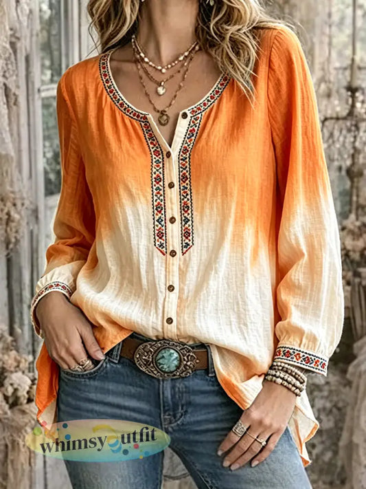 Dames vintage Nederlandse gradiëntprint casual katoenen linnen shirt met lange mouwen - Oranje wit / S