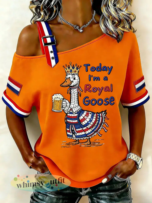 Dames Vintage Nederlandse Koningsdag Beer Casual off-shoulder T-shirt - Sinaasappel / S