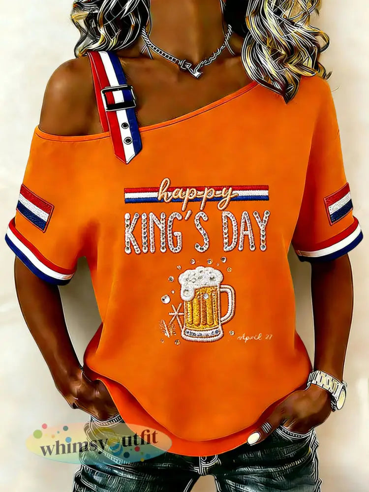 Dames vintage Nederlandse Koningsdag bier off-shoulder casual T-shirt - Sinaasappel / S