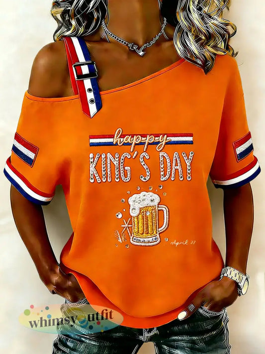 Dames vintage Nederlandse Koningsdag bier off-shoulder casual T-shirt - Sinaasappel / S