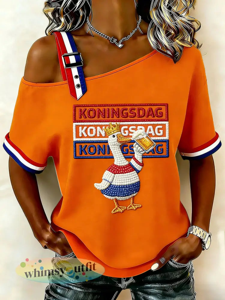 Dames Vintage Nederlandse Koningsdag Bier Viering Casual T-shirt - Sinaasappel / S