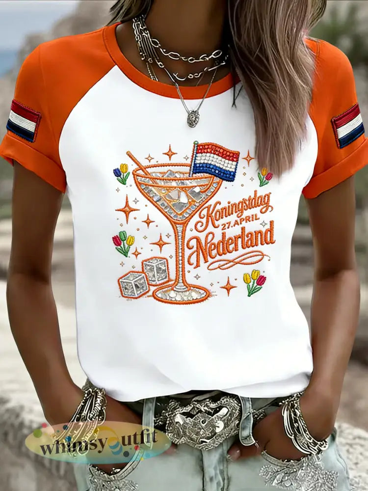 Dames Vintage Nederlandse Koningsdag Bierpul Casual T-shirt - Sinaasappel / S