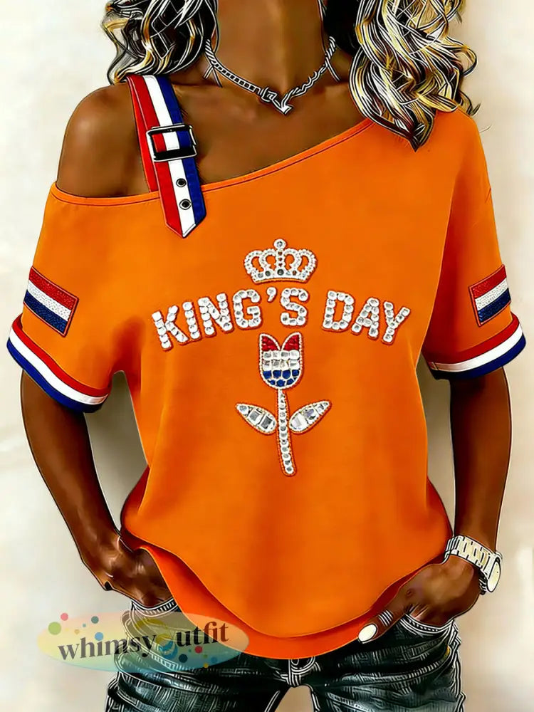 Dames Vintage Nederlandse Koningsdag Bloemen Casual Off-Schouder T-shirt - Sinaasappel / S