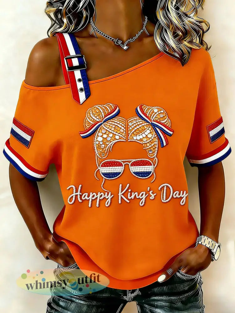 Dames Vintage Nederlandse Koningsdag Casual off-shoulder T-shirt - Sinaasappel / S
