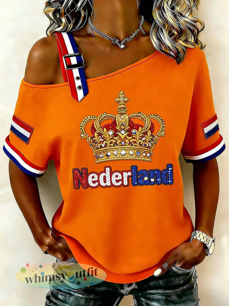 Dames Vintage Nederlandse Koningsdag Crown Art Casual off-shoulder T-shirt - Sinaasappel / S