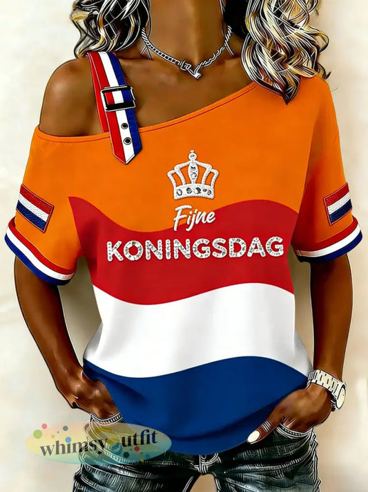 Dames Vintage Nederlandse Koningsdag Gestreept Off-Schouder Casual T-shirt - Sinaasappel / S