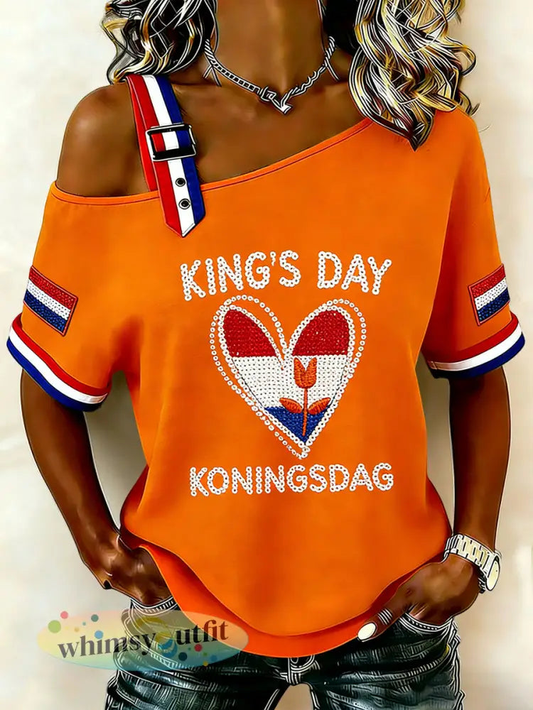 Dames Vintage Nederlandse Koningsdag Hart Casual T-shirt - Sinaasappel / S