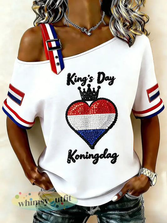 Dames Vintage Nederlandse Koningsdag hart-Patroon Vlag Casual T-shirt - Wit / S