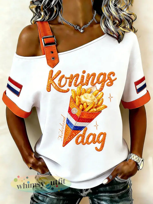 Dames Vintage Nederlandse Koningsdag herdenking casual T-shirt - Wit / S
