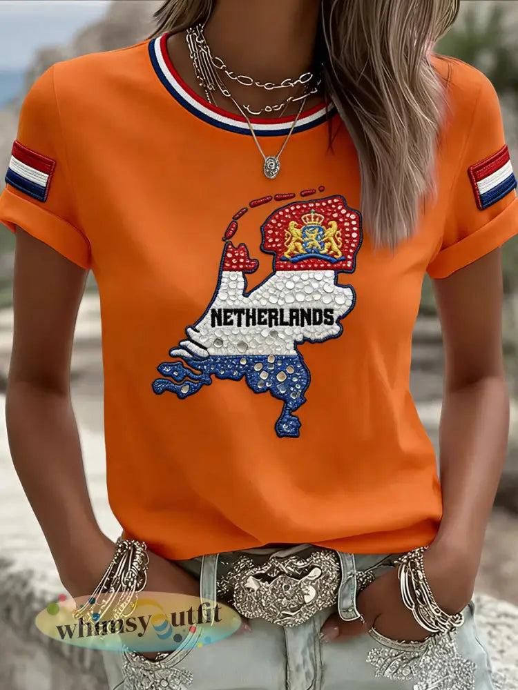 Dames Vintage Nederlandse Koningsdag Kaart Casual T-shirt - Sinaasappel / S