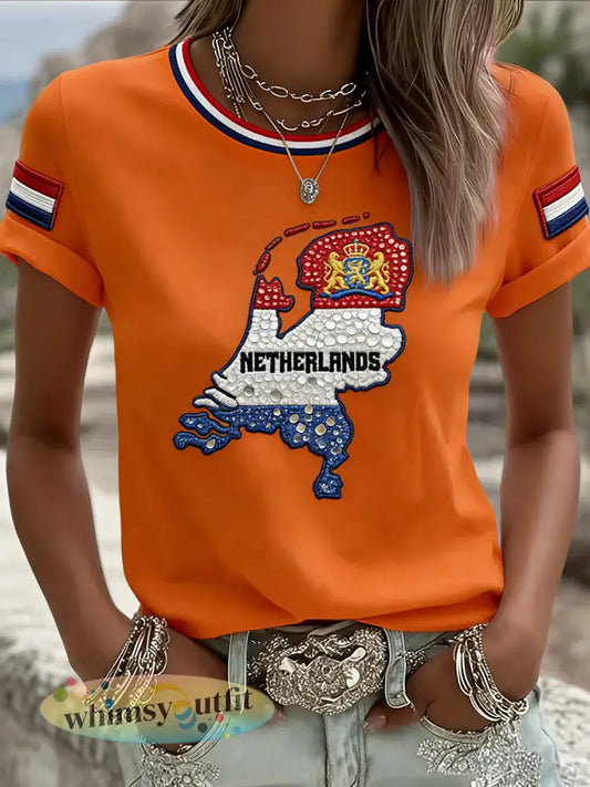 Dames Vintage Nederlandse Koningsdag Kaart Casual T-shirt - Sinaasappel / S
