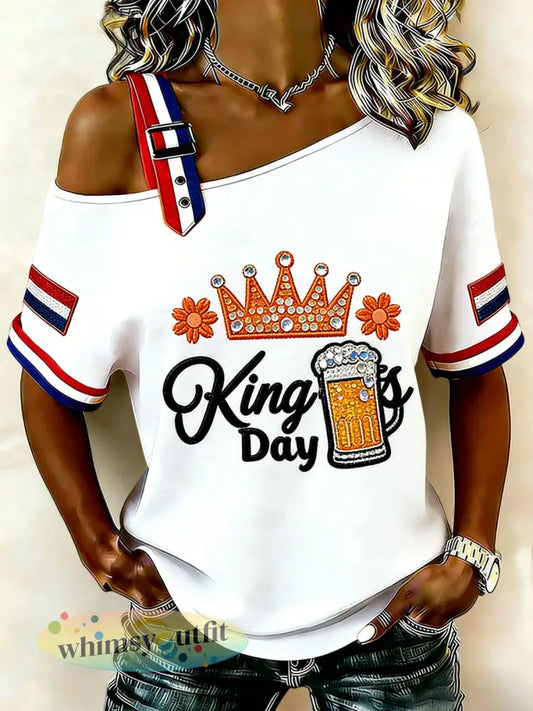 Dames Vintage Nederlandse Koningsdag Kroon Casual off-shoulder T-shirt - Wit / S