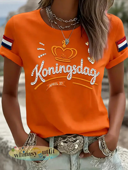 Dames Vintage Nederlandse Koningsdag Kroon Casual T-shirt - Sinaasappel / S