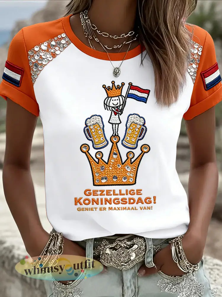 Dames Vintage Nederlandse Koningsdag Kroon Kunst Casual T-shirt - Sinaasappel / S