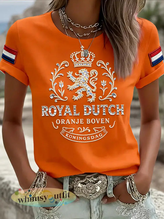 Dames vintage Nederlandse Koningsdag leeuw casual T-shirt - Sinaasappel / S