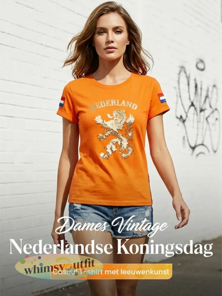 Dames Vintage Nederlandse Koningsdag Leeuw Kunst Casual T-shirt