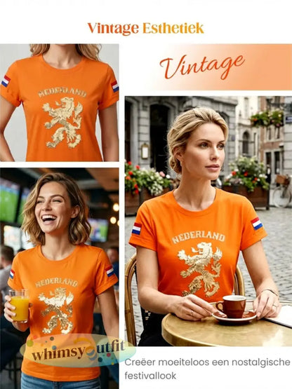 Dames Vintage Nederlandse Koningsdag Leeuw Kunst Casual T-shirt